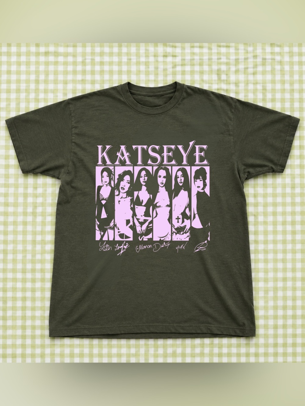 Women Katseye K-pop Band Graphic T-Shirt in Olive with Pink Print